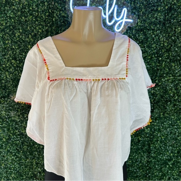 Madewell Pom Pom Butterfly Top Cotton square Neck White Size M - Picture 4 of 8
